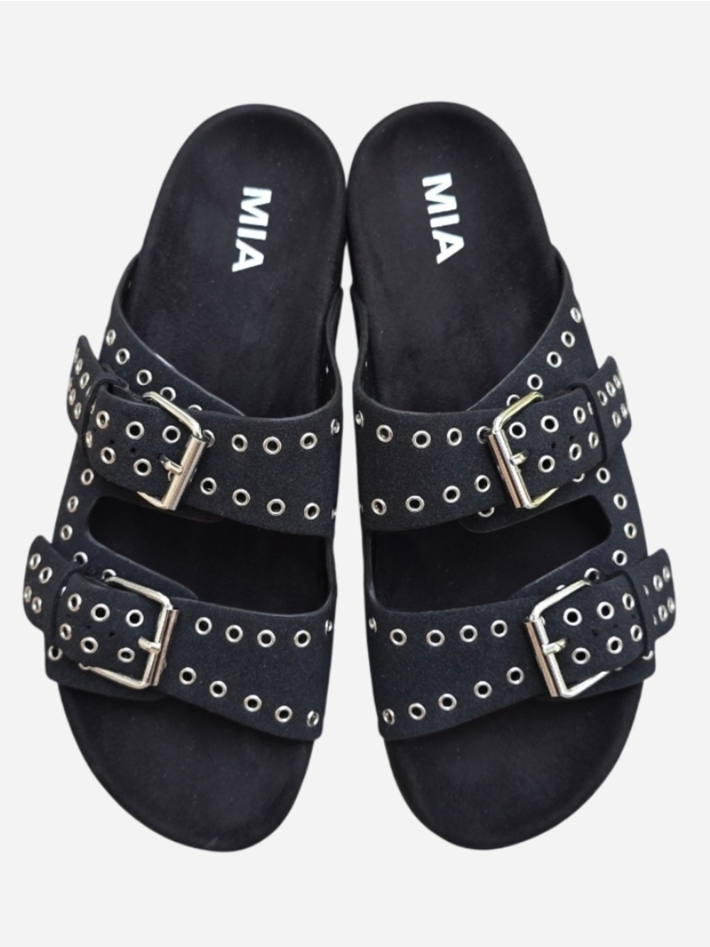 MIA Brooklyn Adjustable Strap Slide Sandals, Black, Silver Gromets, Size 9